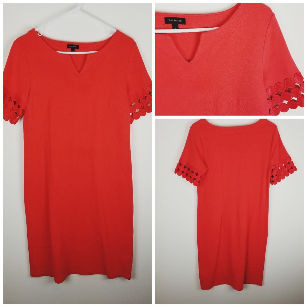 Talbots red circle lace sleeve sheath dress small